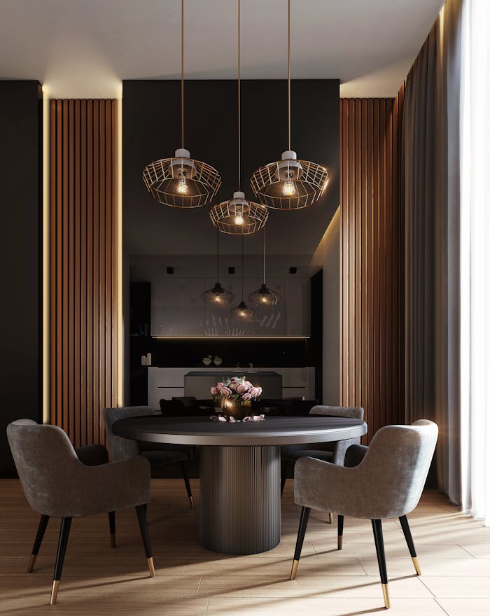 gallery-2 A sophisticated, contemporary dining room with elegant lighting and luxurious furnishings.